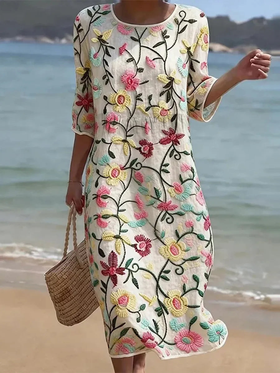 Flora | Cream Floral Vine Dress