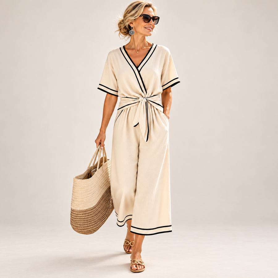 Serena | Contrast-Trim Tie-Front Wide-Leg Set