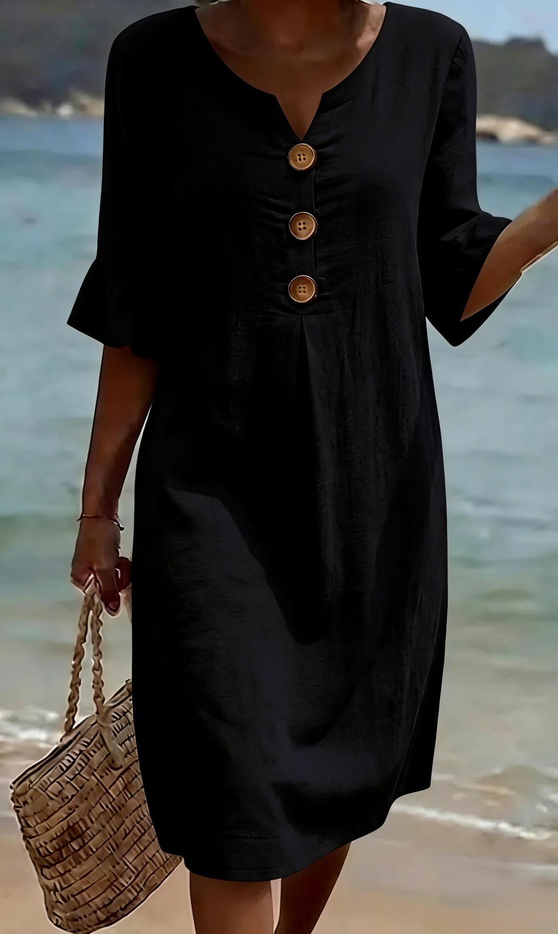 Nora | Black Button-Front Beach Dress